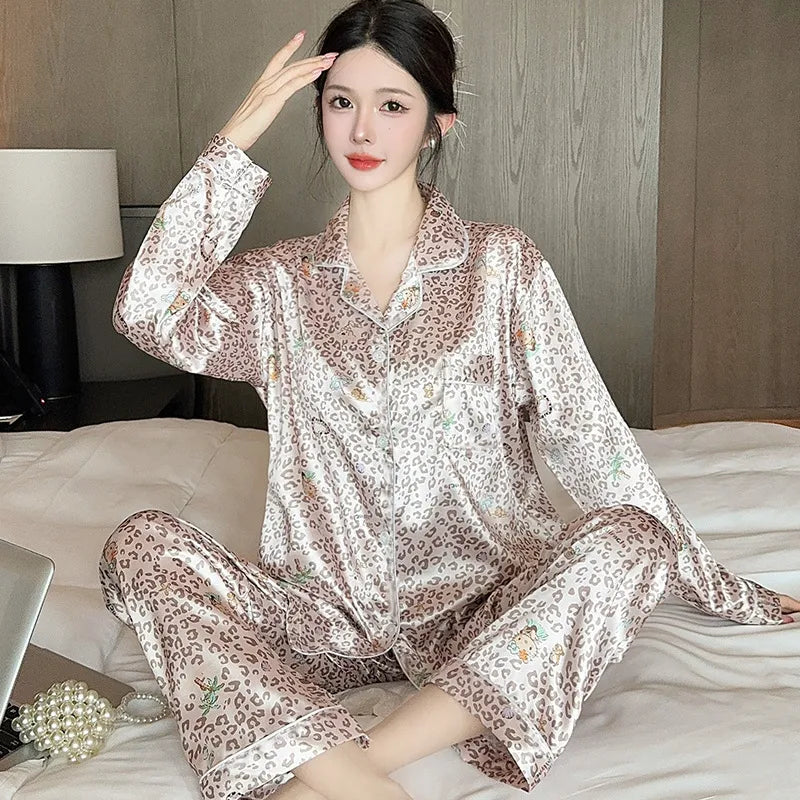 French Anti-Aging Sleepwear Women's Spring Autumn New Simple Polka Dot Long Sleeve Long Pants Ice Silk Home Clothes Fashion Set