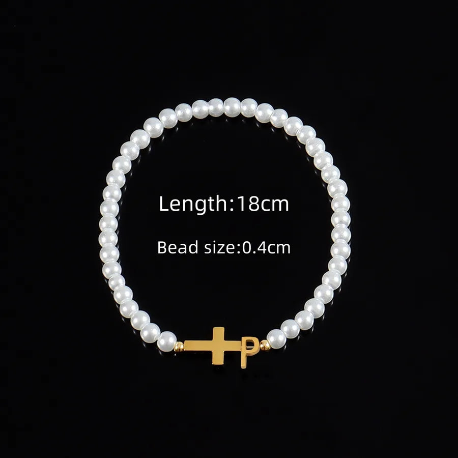 Classic Style Cross Letter 304 Stainless Steel Artificial Pearl Beaded Chain Beaded Bracelets Wholesale
