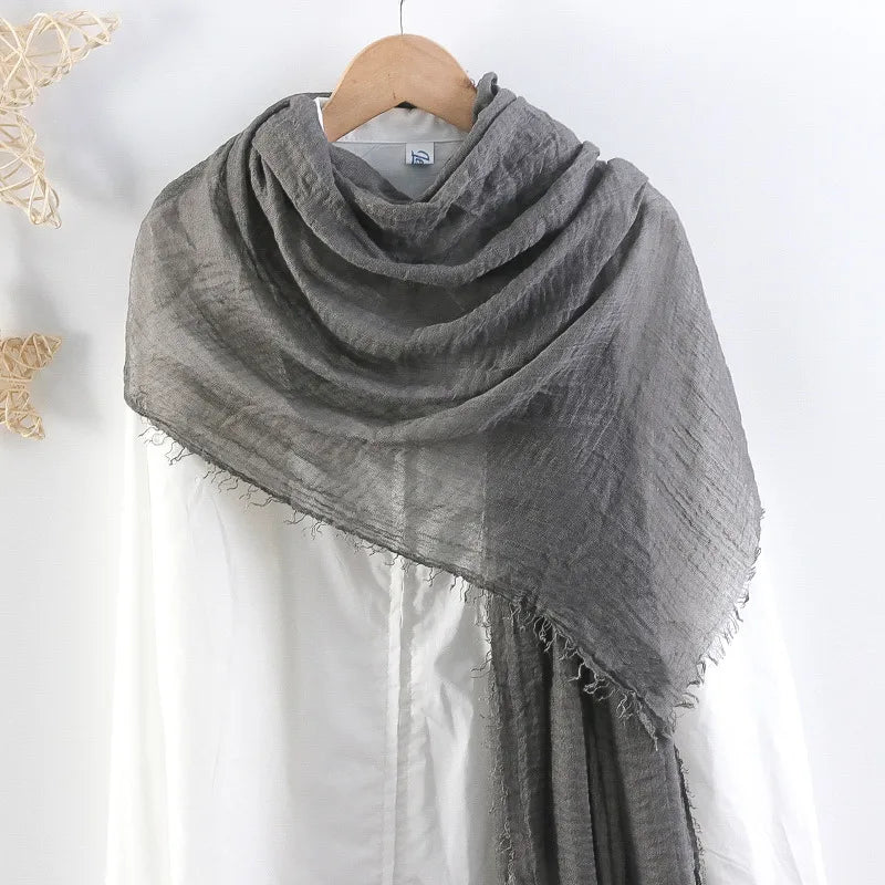 Hot selling solid color pleated cotton and linen scarf women's bag headscarf crumpled hair fringe bubble scarf women's scarf cover head