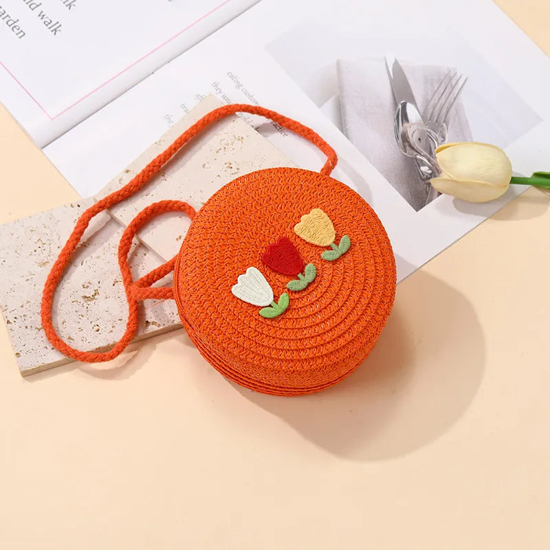Summer Back Seaside Woven Children's Bag Female All-Match and Cute Little Girl Tulip Straw Bag Vacation Style
