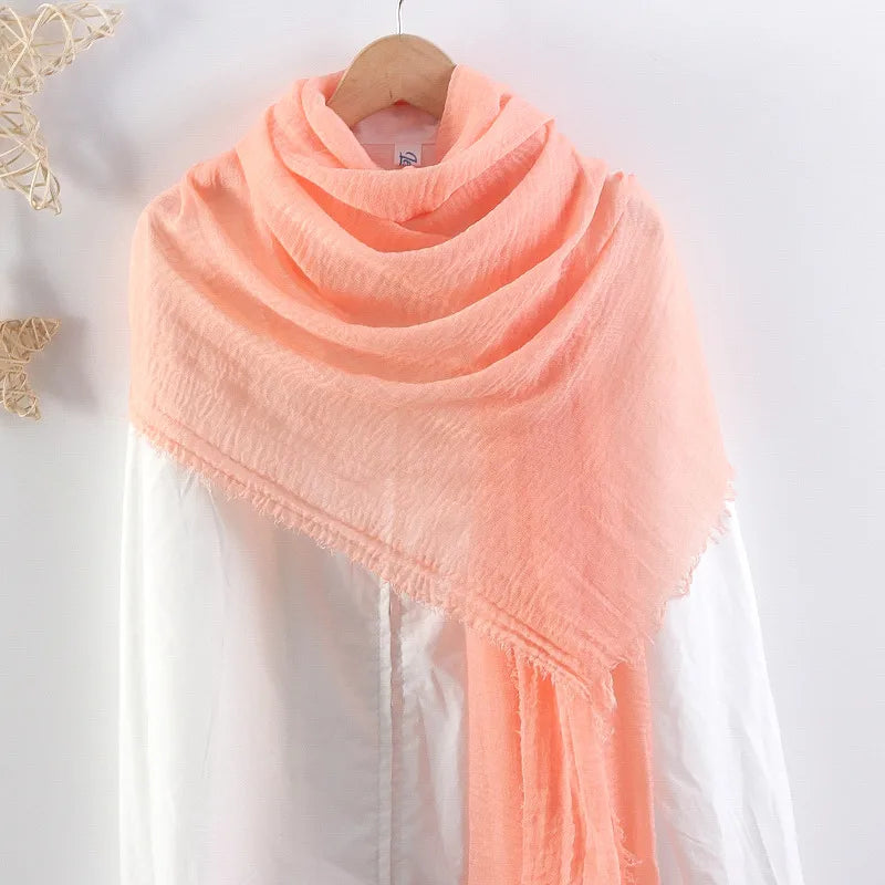 Hot selling solid color pleated cotton and linen scarf women's bag headscarf crumpled hair fringe bubble scarf women's scarf cover head
