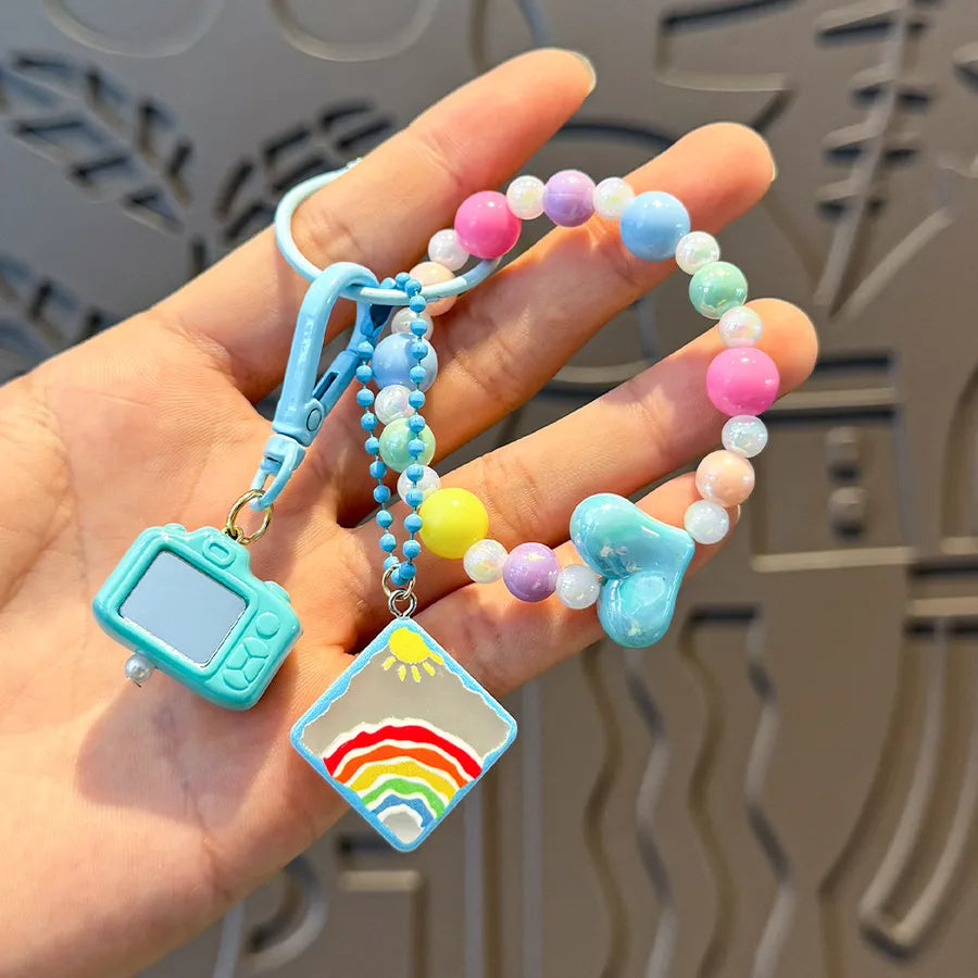 Cute Metal Keychain Pendant Beaded Bookbag Girl's Bag Charm Style Cartoon Design Half Handmade Flower