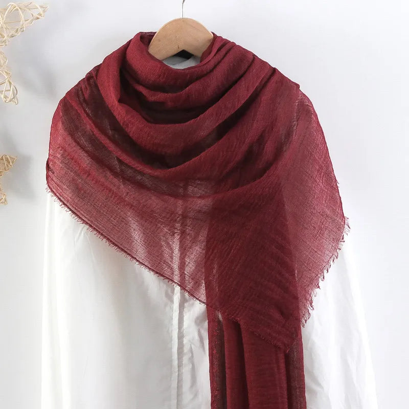 Hot selling solid color pleated cotton and linen scarf women's bag headscarf crumpled hair fringe bubble scarf women's scarf cover head