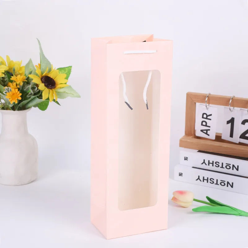 Valentine's Day red wine gift bag bouquet transparent window paper bag factory wholesale rectangular kitchen window flower tote bag