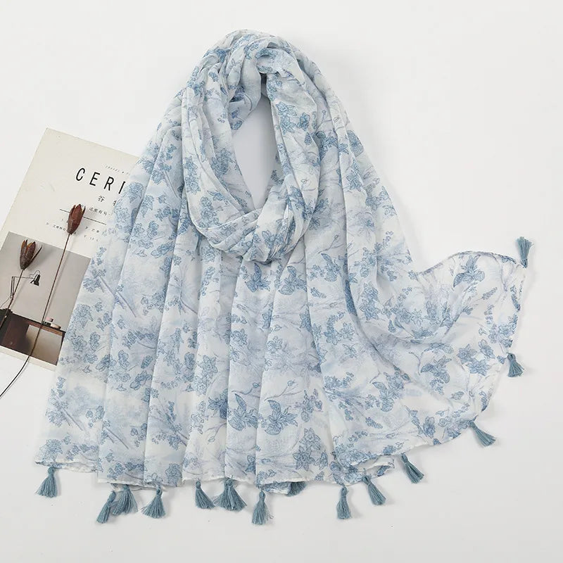 women's sweet flower cotton and linen tassel silk scarves