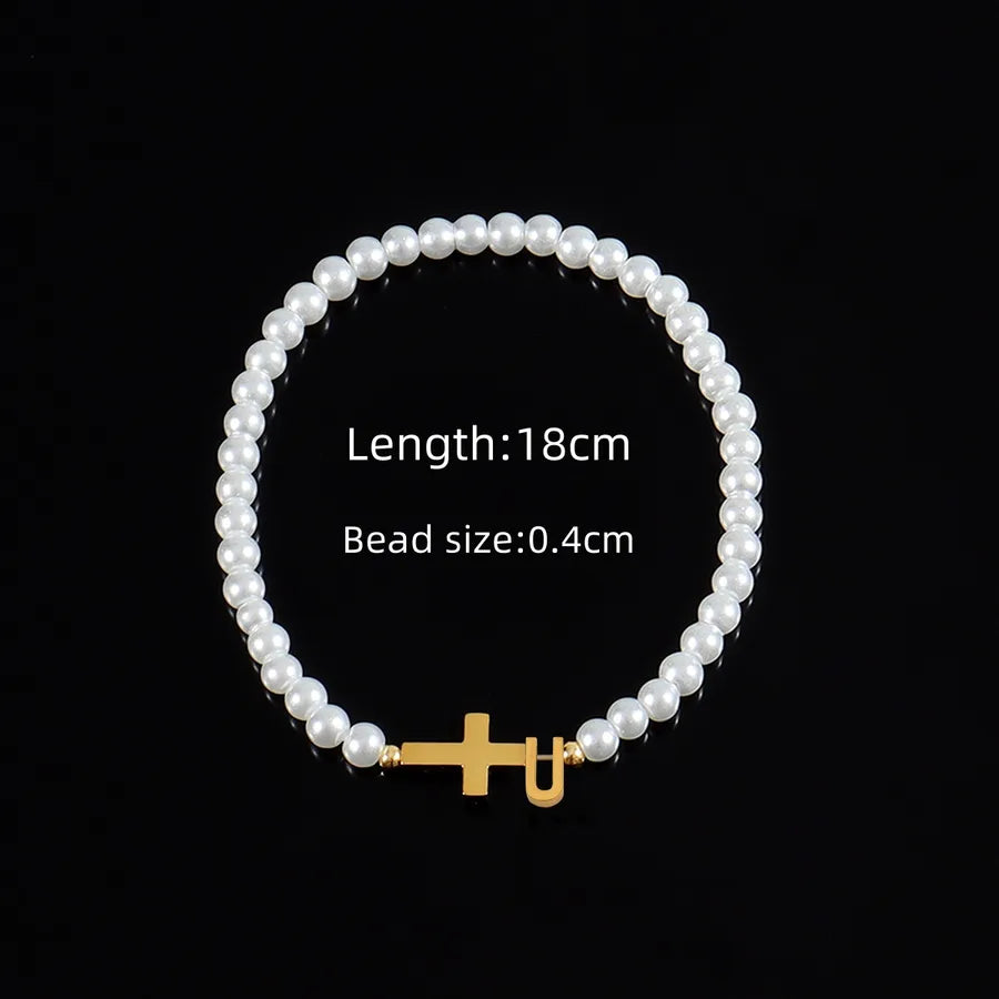 Classic Style Cross Letter 304 Stainless Steel Artificial Pearl Beaded Chain Beaded Bracelets Wholesale