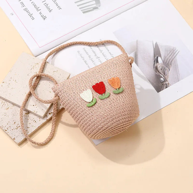 Summer Back Seaside Woven Children's Bag Female All-Match and Cute Little Girl Tulip Straw Bag Vacation Style