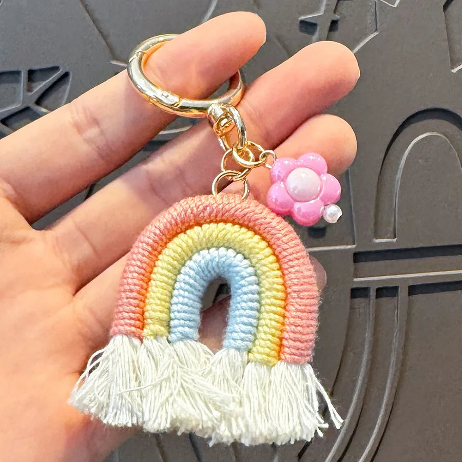 Cute Metal Keychain Pendant Beaded Bookbag Girl's Bag Charm Style Cartoon Design Half Handmade Flower
