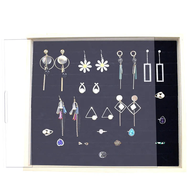 Solid wood dustproof jewelry box wall-mounted household earrings earrings display rack ring storage tray necklace earrings box