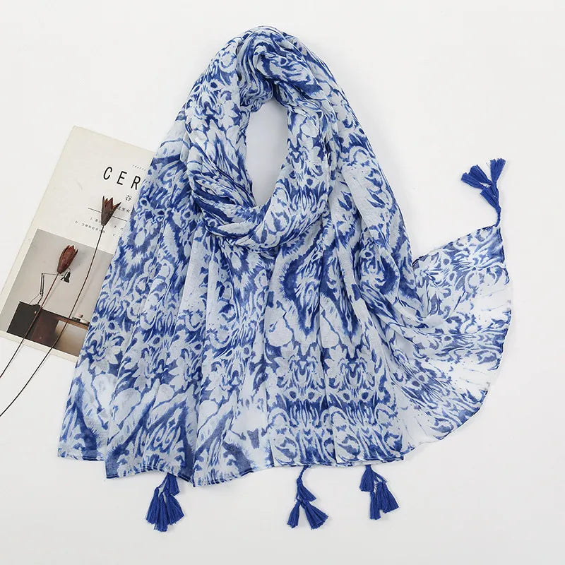 women's sweet flower cotton and linen tassel silk scarves