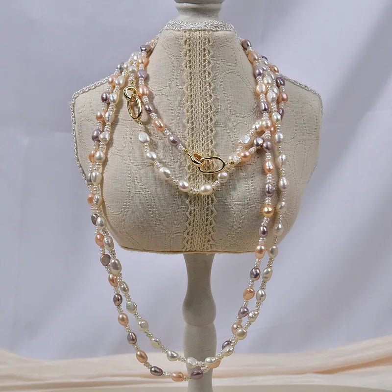 Natural Freshwater Pearl Necklace Women's Long Elegant Original Design Mixed Color Baroque Irregular Shape Straight Hole