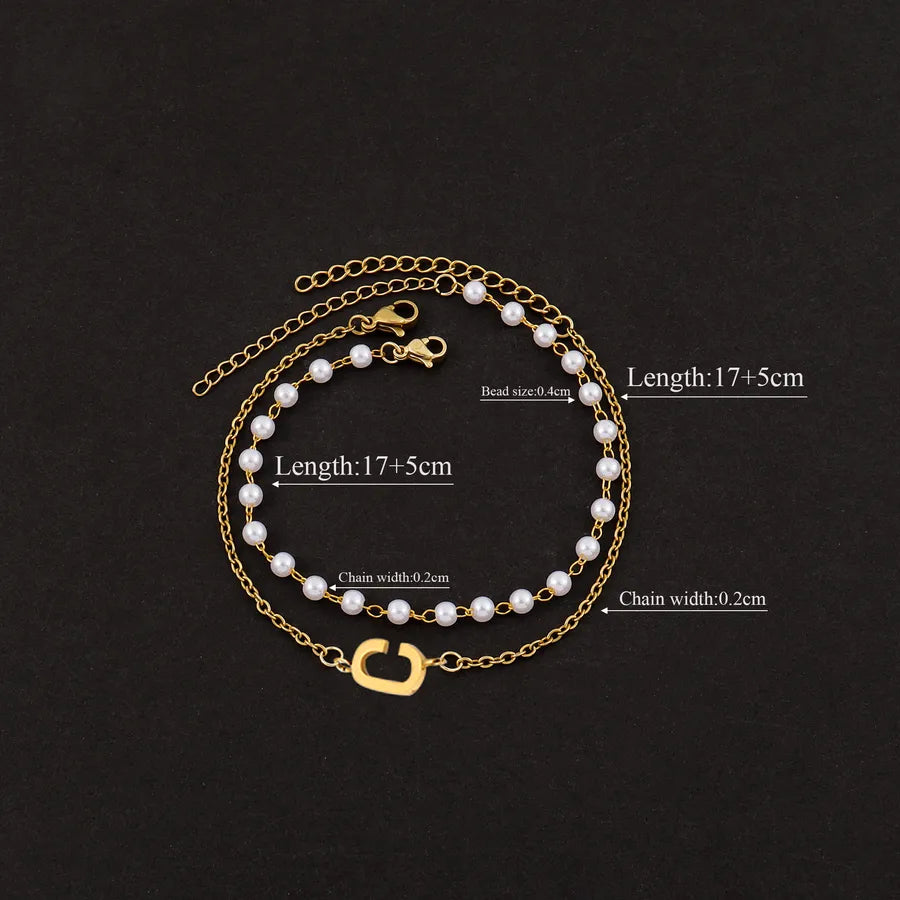 Elegant Simple Style Classic Style Letter 201 Stainless Steel 304 Stainless Steel Imitation Pearl Beaded Chain cable chain Beaded Bracelets Wholesale
