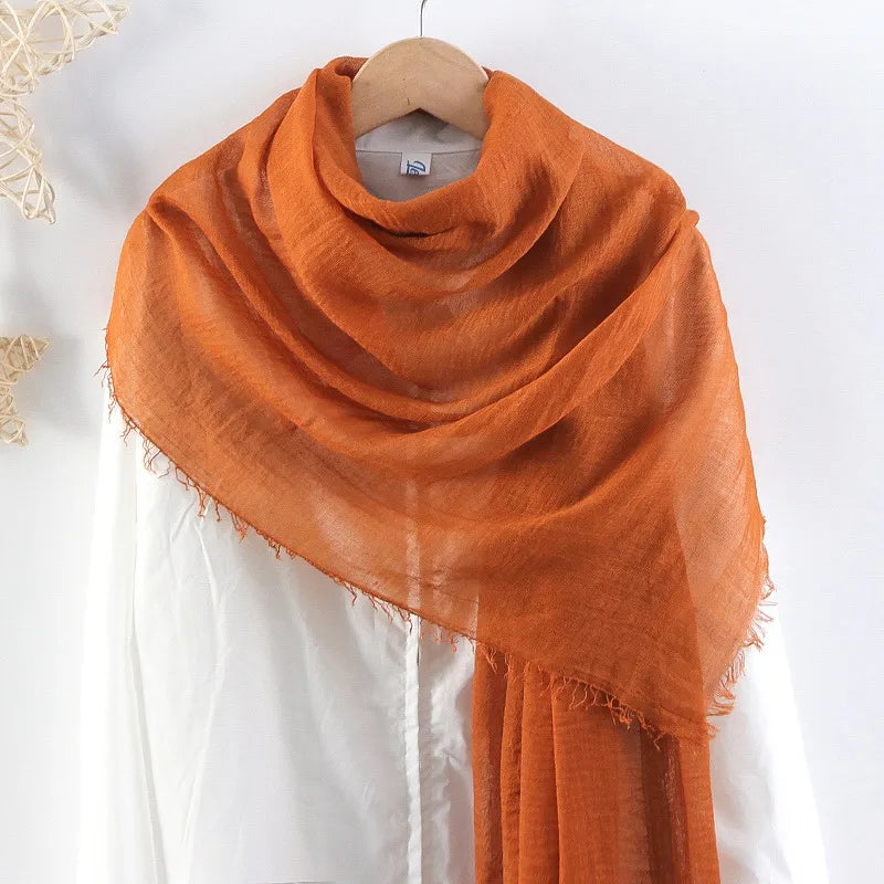 Hot selling solid color pleated cotton and linen scarf women's bag headscarf crumpled hair fringe bubble scarf women's scarf cover head