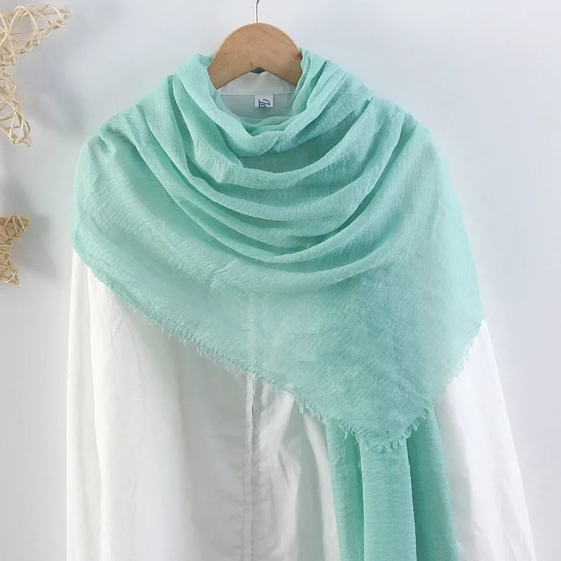 Hot selling solid color pleated cotton and linen scarf women's bag headscarf crumpled hair fringe bubble scarf women's scarf cover head