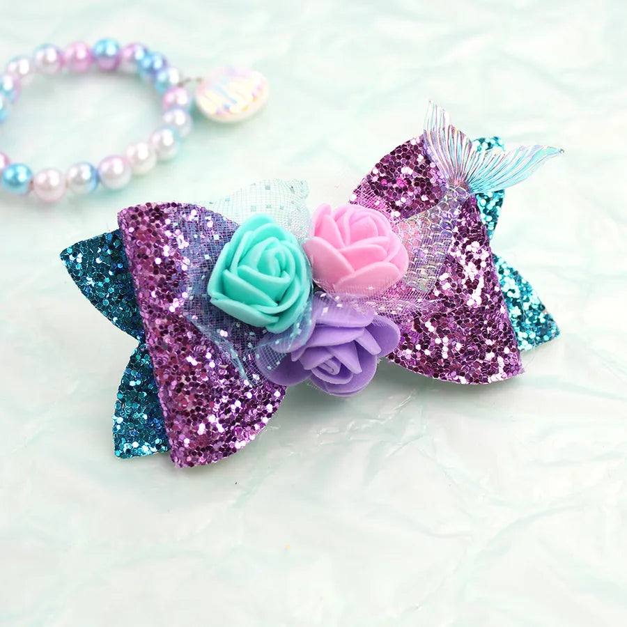 Amazon's Hottest Mermaid Princess Glitter Bow Shell Pearl Children's Girl Cute Hairpin