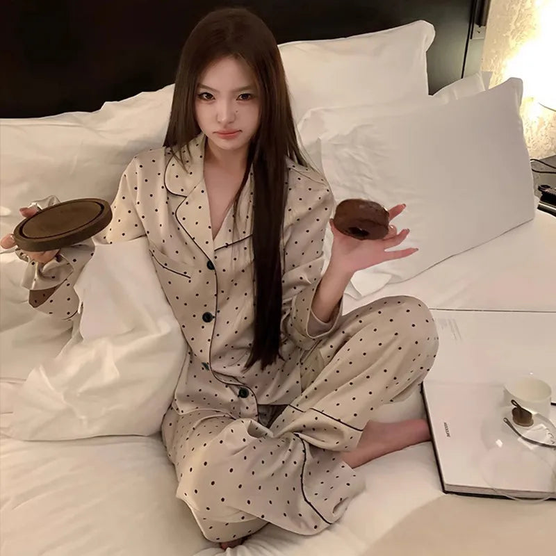 French Anti-Aging Sleepwear Women's Spring Autumn New Simple Polka Dot Long Sleeve Long Pants Ice Silk Home Clothes Fashion Set