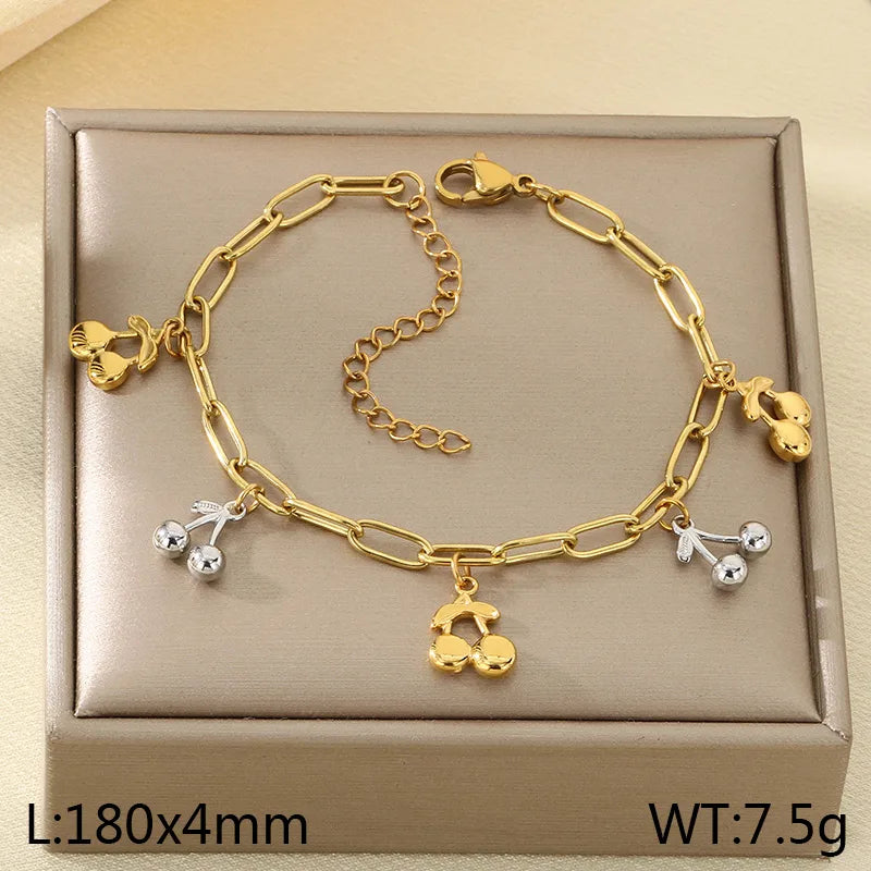 IG Style Vintage Style Cherry Ocean Butterfly 304 Stainless Steel 18K Gold Plated Paperclip Chain Bracelets In Bulk