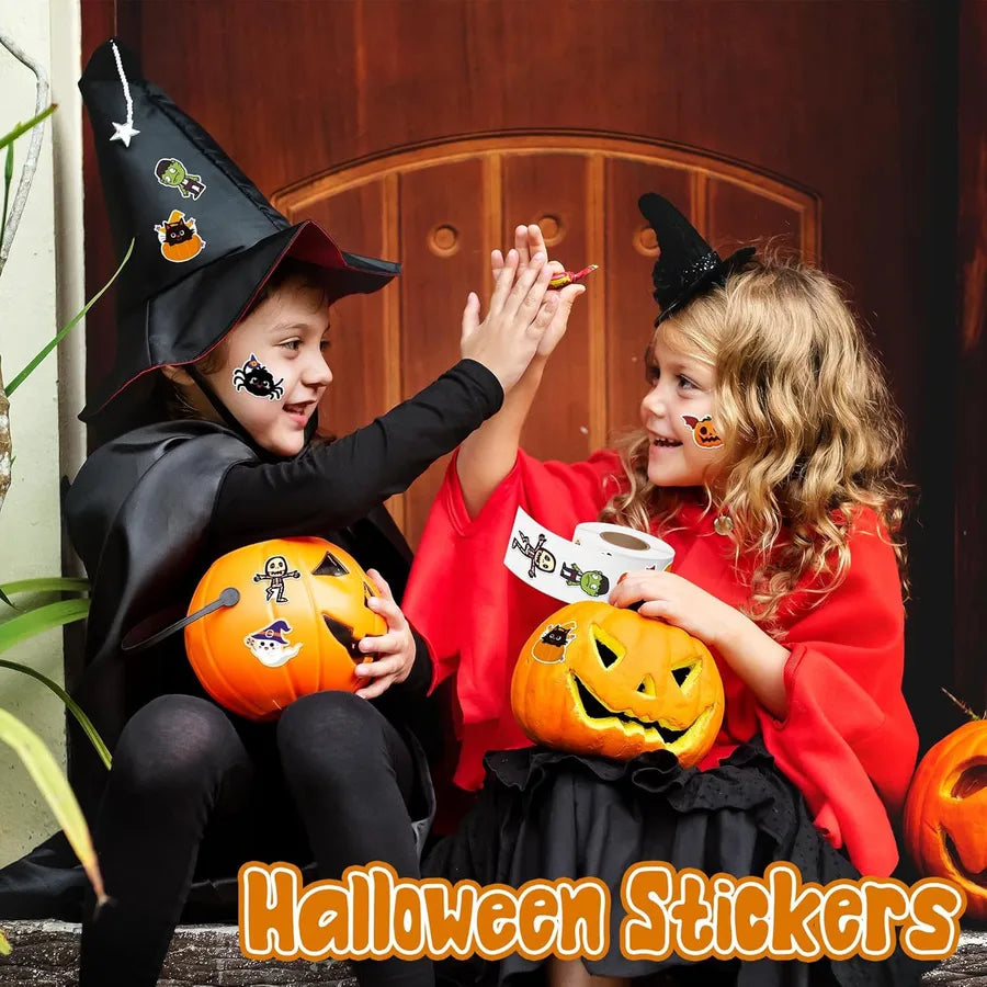 Halloween Sticker Roll Cute Pumpkin Ghost Skeleton Spider Bat Self Adhesive Label Flower Paper Material Non-drying Glue
