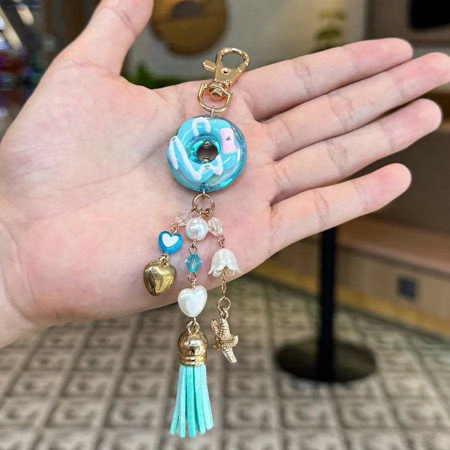 Cute Metal Keychain Pendant Beaded Bookbag Girl's Bag Charm Style Cartoon Design Half Handmade Flower