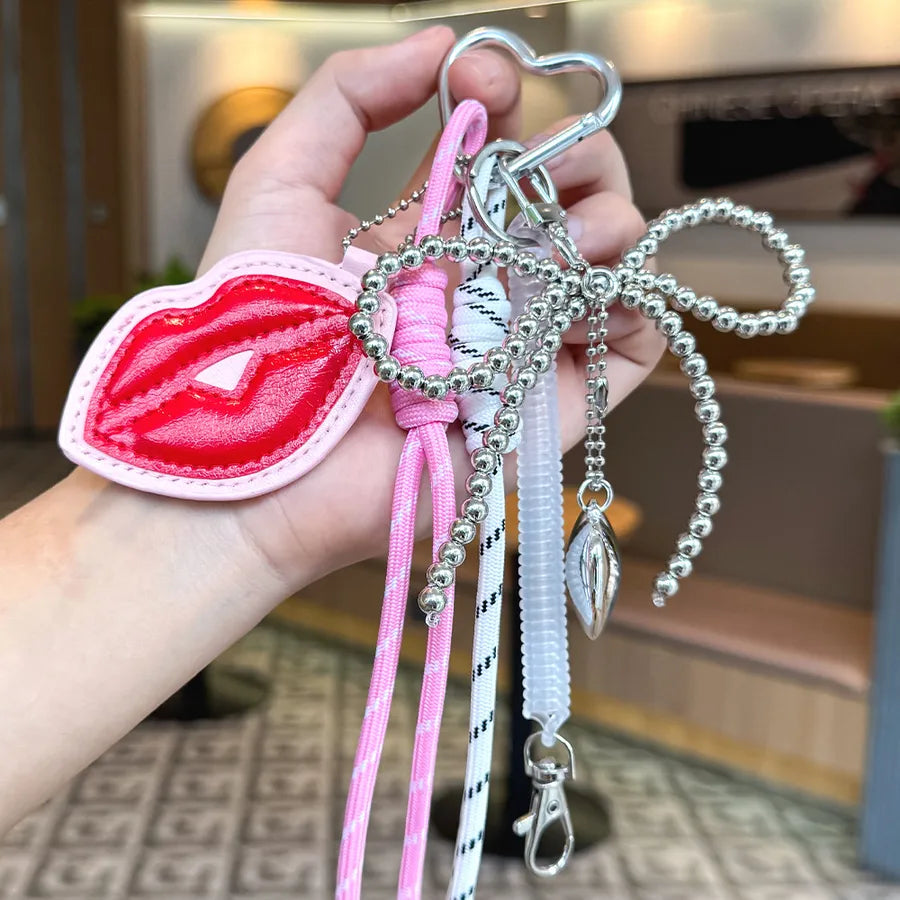 Cute Metal Keychain Pendant Beaded Bookbag Girl's Bag Charm Style Cartoon Design Half Handmade Flower