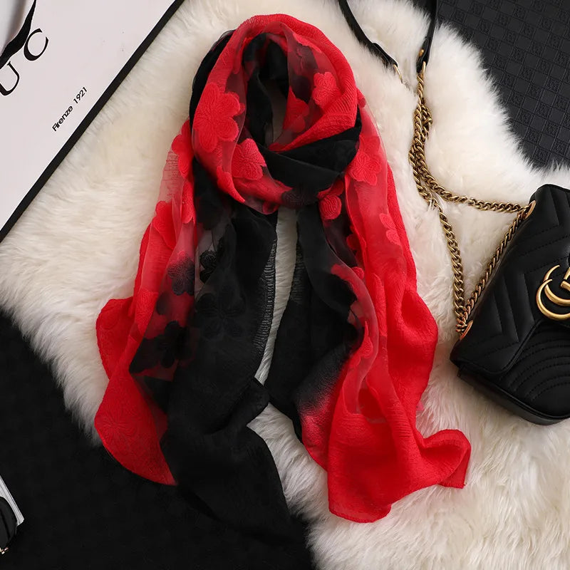 Women's Elegant Flower Polyester Silk Scarf