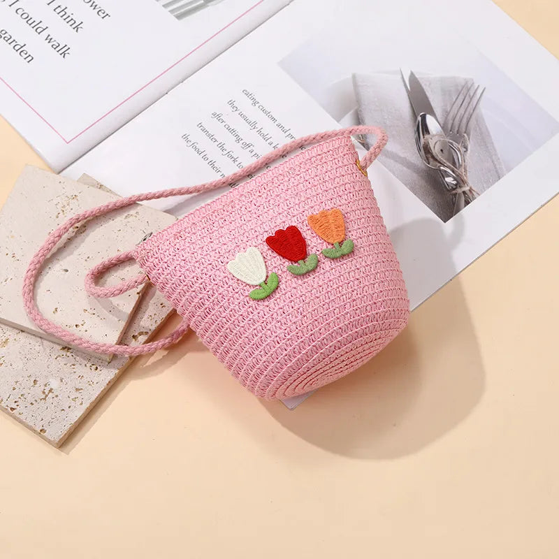 Summer Back Seaside Woven Children's Bag Female All-Match and Cute Little Girl Tulip Straw Bag Vacation Style