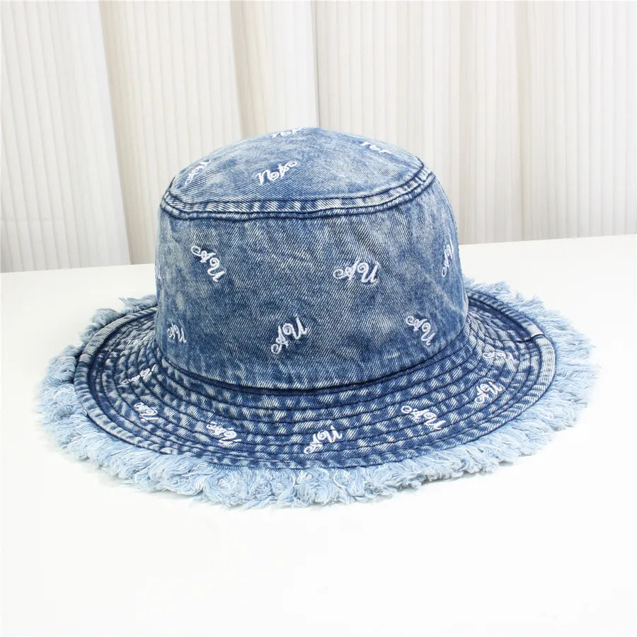Retro New Style Denim Fishing Cap Women's Harajuku Sun Protection Bucket Hat Cuffed Tear Design Casual Versatile Streetwear