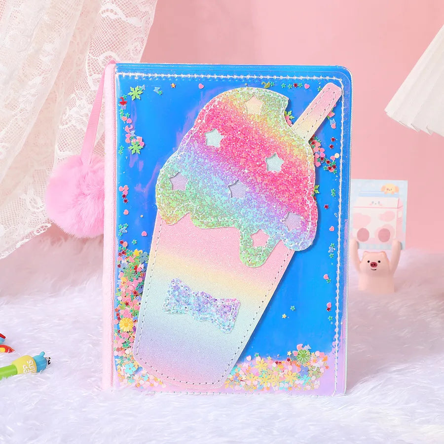 Adorable Glitter Notebook Cute Cartoon Student Planner Journal Ice Cream Blue Wooden Pulp Furry Material