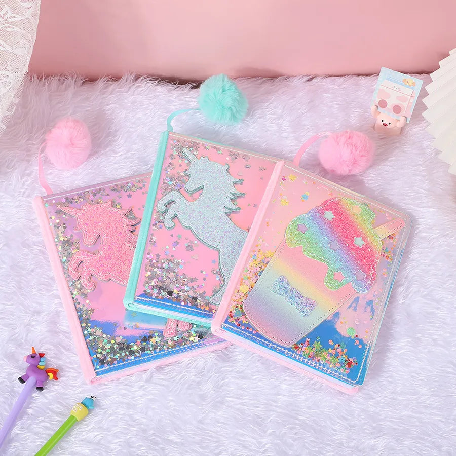 Adorable Glitter Notebook Cute Cartoon Student Planner Journal Ice Cream Blue Wooden Pulp Furry Material