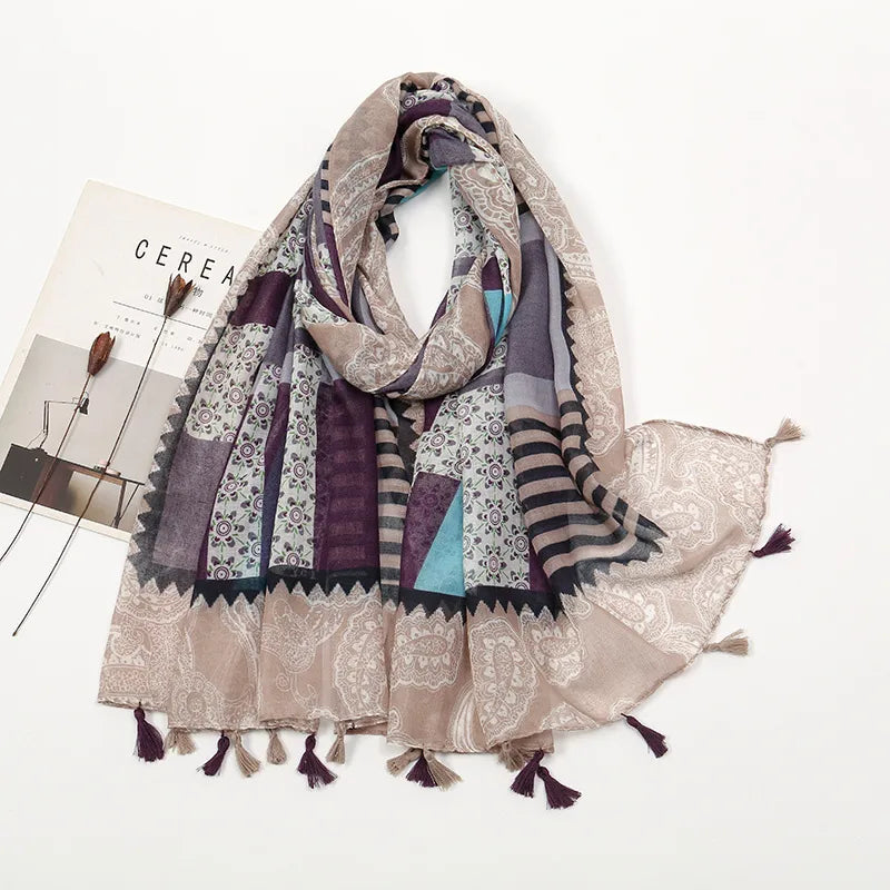 women's sweet flower cotton and linen tassel silk scarves