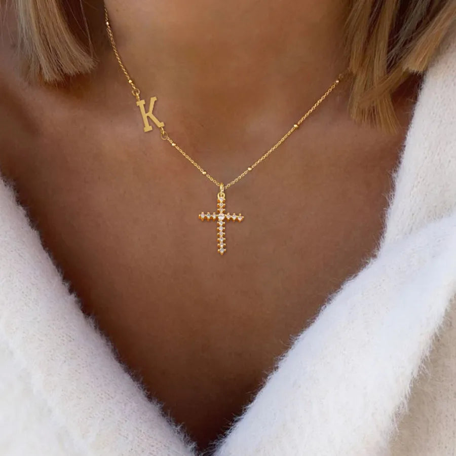 Wholesale Jewelry Elegant Simple Style Classic Style Cross Letter 201 Stainless Steel 304 Stainless Steel Copper ball chain Pendant Necklace
