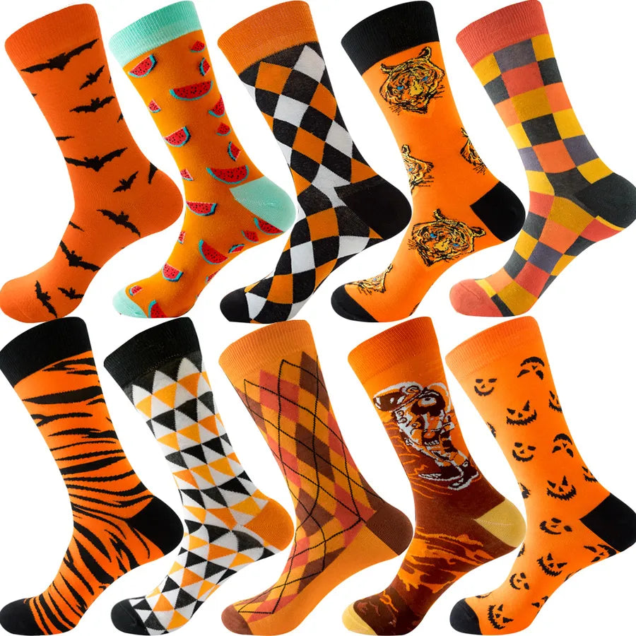 Men's Modern Style Classic Style Color Block Stripe Fruit Cotton Crew Socks A Set of 10 Pairs