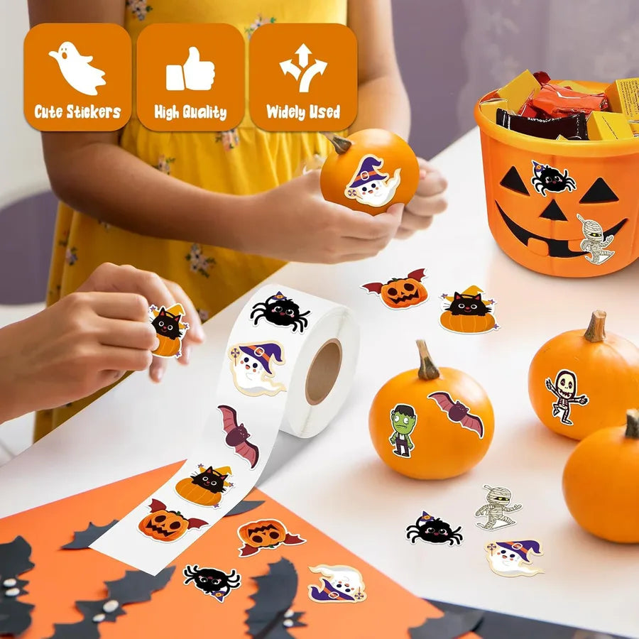 Halloween Sticker Roll Cute Pumpkin Ghost Skeleton Spider Bat Self Adhesive Label Flower Paper Material Non-drying Glue