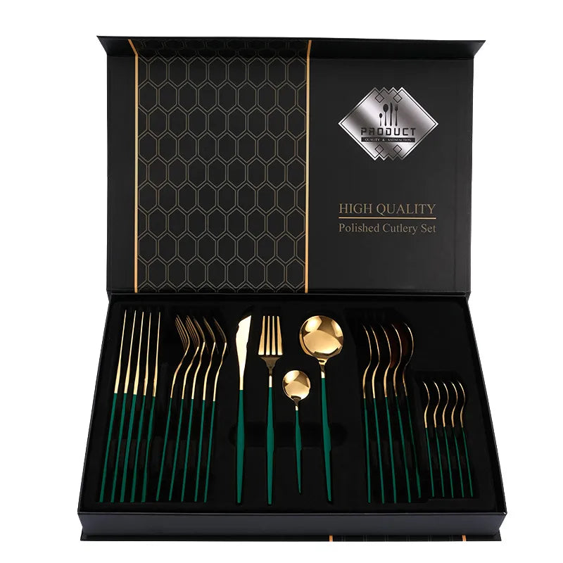 1010 stainless steel tableware 24-piece golden steak knife, fork and spoon gift box Western tableware suit
