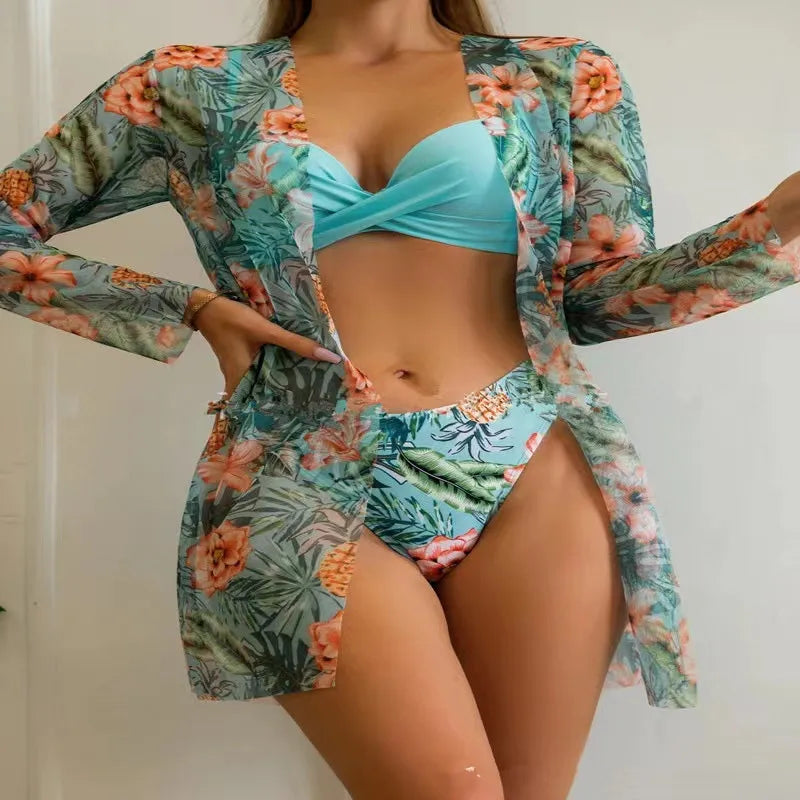 Women's Vacation Printing Solid Color 3 Pieces Set Bikinis Swimwear