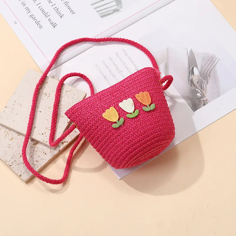 Summer Back Seaside Woven Children's Bag Female All-Match and Cute Little Girl Tulip Straw Bag Vacation Style