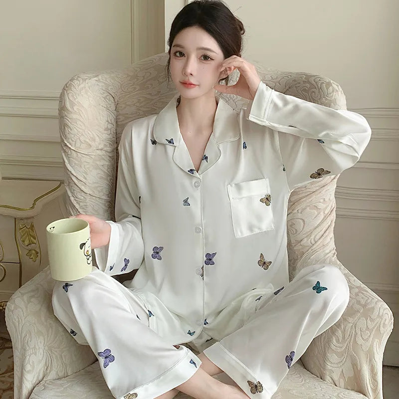 French Anti-Aging Sleepwear Women's Spring Autumn New Simple Polka Dot Long Sleeve Long Pants Ice Silk Home Clothes Fashion Set