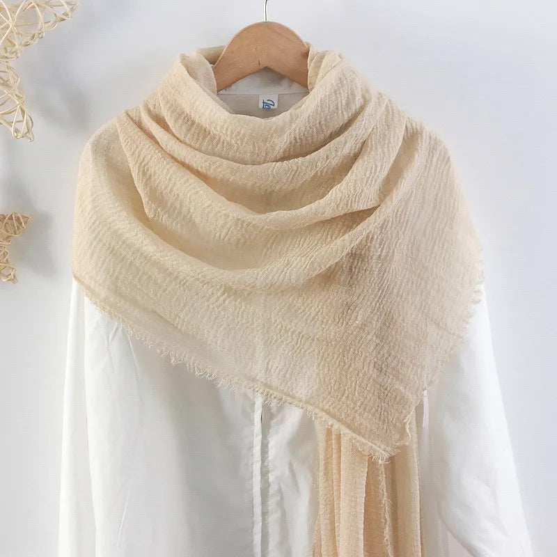 Hot selling solid color pleated cotton and linen scarf women's bag headscarf crumpled hair fringe bubble scarf women's scarf cover head
