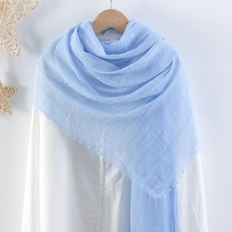 Hot selling solid color pleated cotton and linen scarf women's bag headscarf crumpled hair fringe bubble scarf women's scarf cover head
