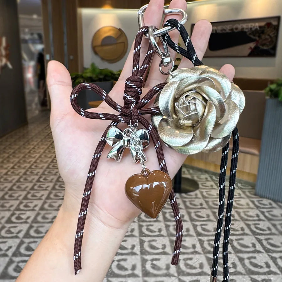 Cute Metal Keychain Pendant Beaded Bookbag Girl's Bag Charm Style Cartoon Design Half Handmade Flower