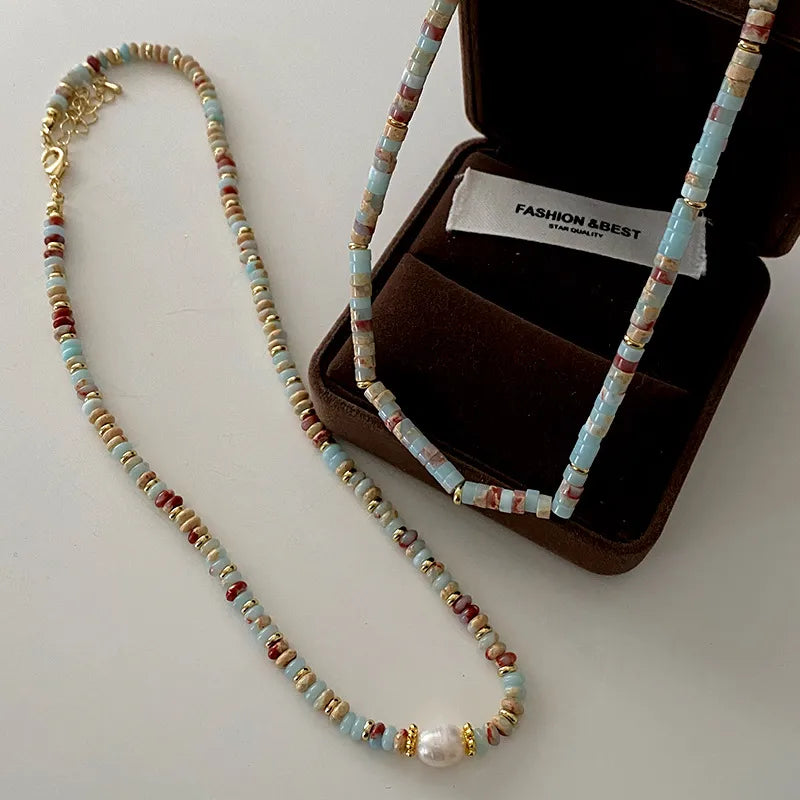 Elegant Retro Printing Beaded natural stone Freshwater Pearl Necklace In Bulk