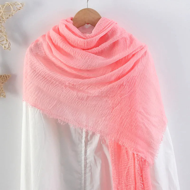 Hot selling solid color pleated cotton and linen scarf women's bag headscarf crumpled hair fringe bubble scarf women's scarf cover head
