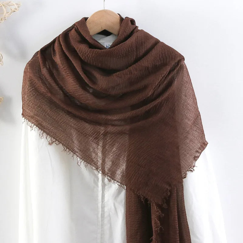 Hot selling solid color pleated cotton and linen scarf women's bag headscarf crumpled hair fringe bubble scarf women's scarf cover head