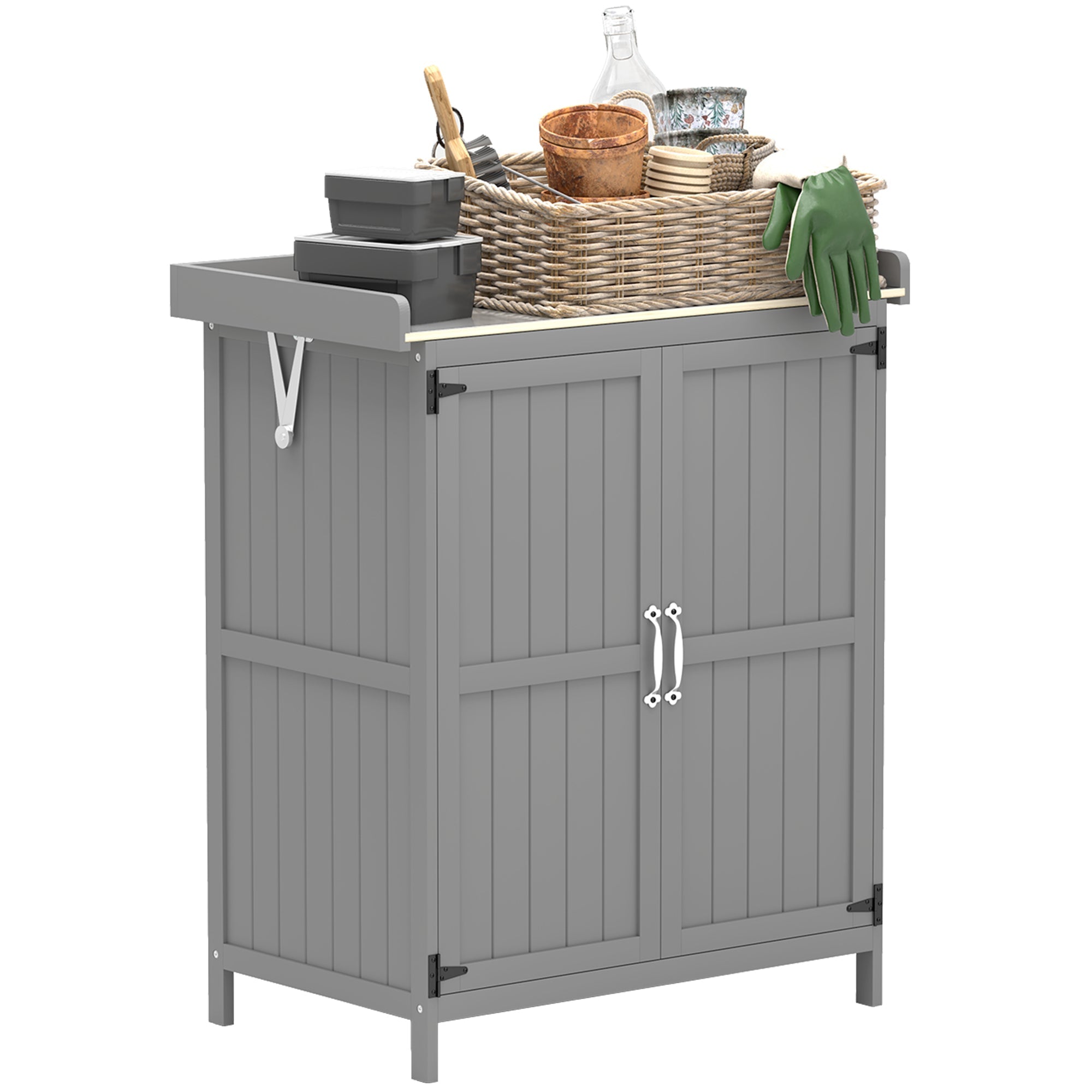 Outsunny Wooden Garden Storage Shed w/Hinged Roof and Shelf, Grey