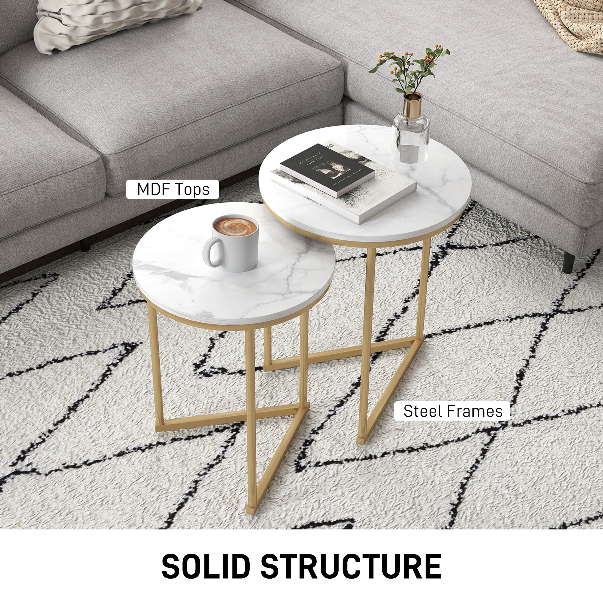 HOMCOM Nesting Coffee Table Set of 2 with Metal Frame, Gold Tone