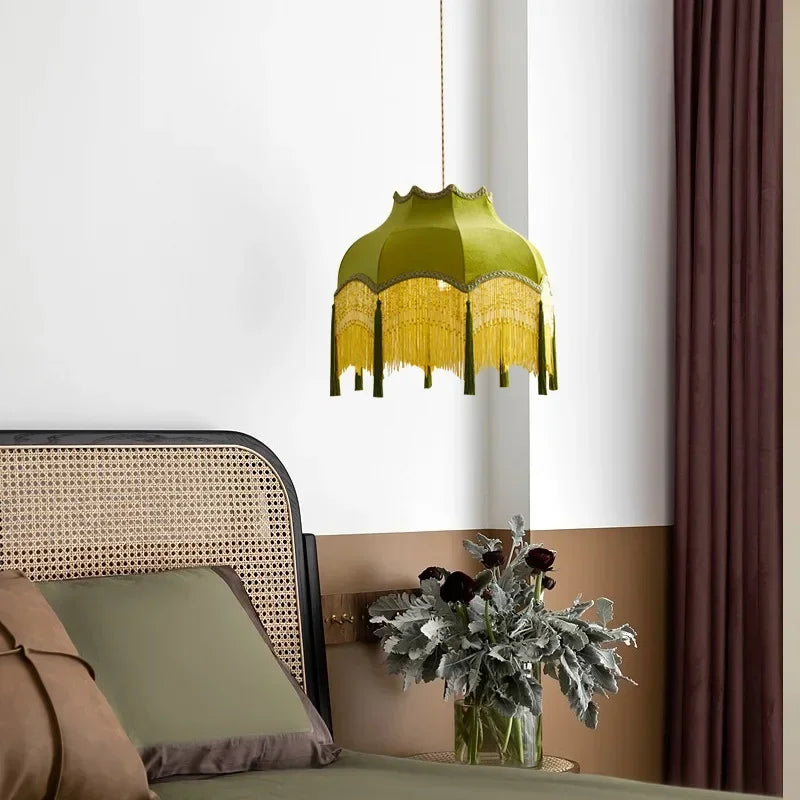 Retro Velvet Tassel Pendant Light – Green Fabric Art Chandelier by SANDYHA