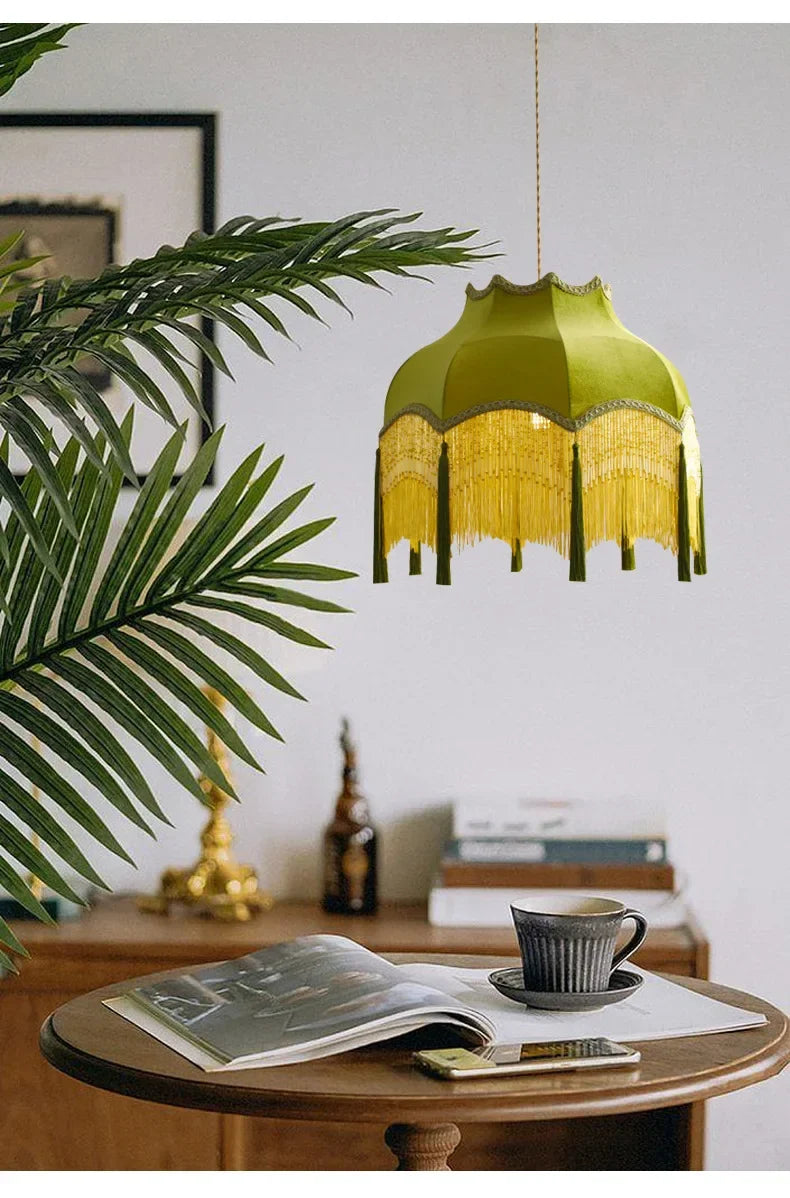 Retro Velvet Tassel Pendant Light – Green Fabric Art Chandelier by SANDYHA