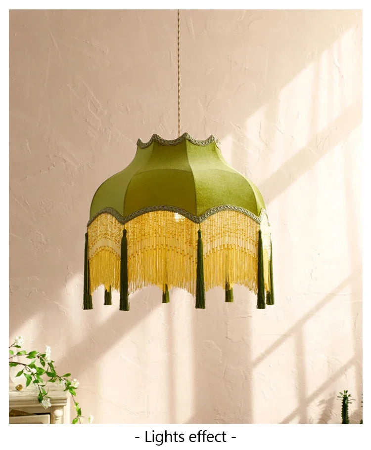 Retro Velvet Tassel Pendant Light – Green Fabric Art Chandelier by SANDYHA