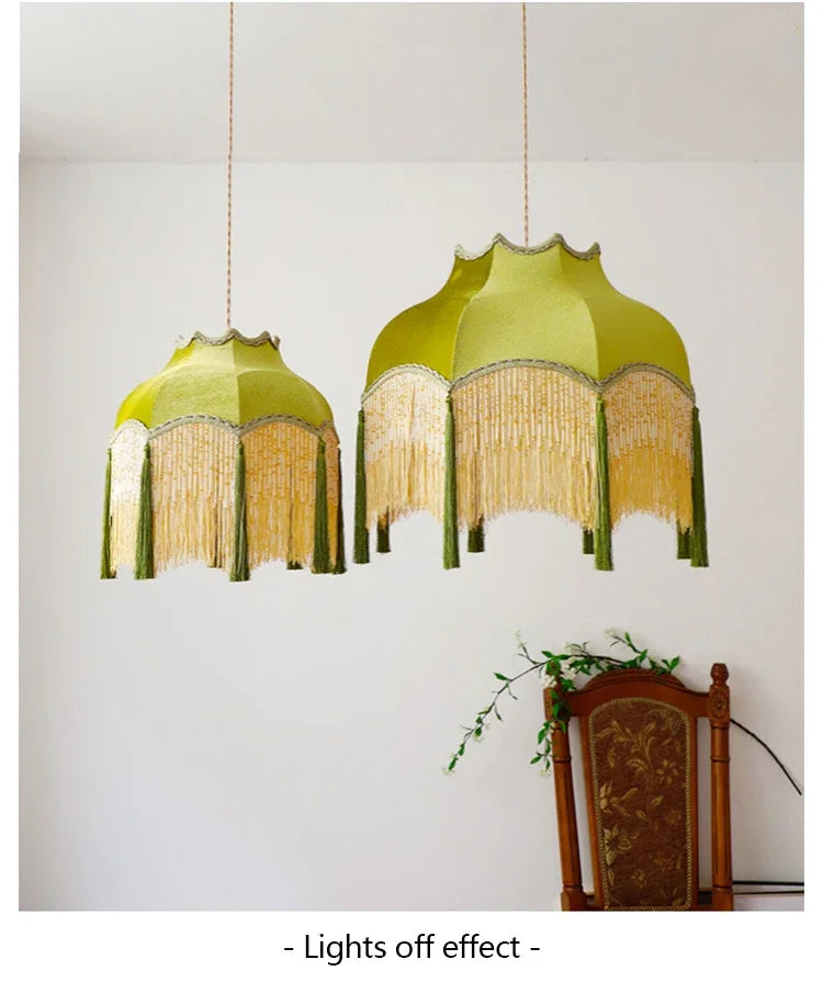 Retro Velvet Tassel Pendant Light – Green Fabric Art Chandelier by SANDYHA