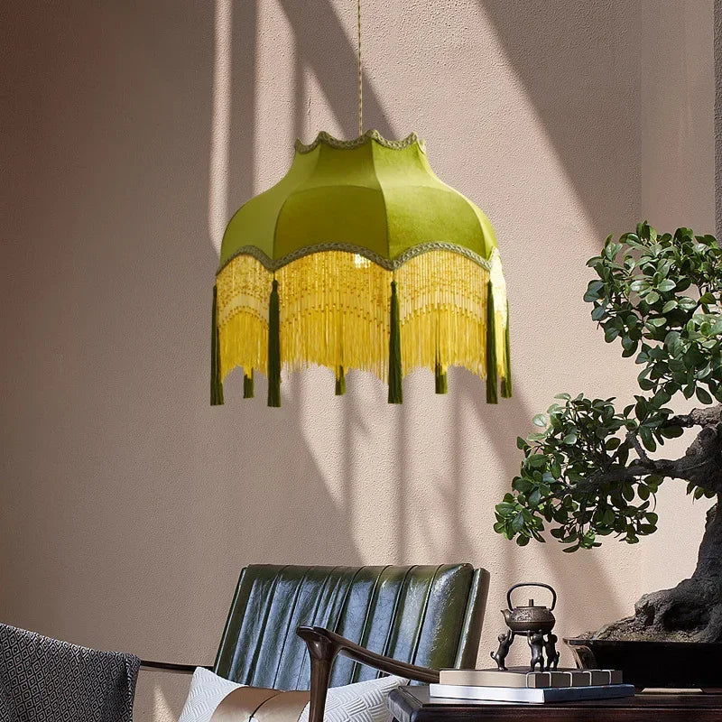 Retro Velvet Tassel Pendant Light – Green Fabric Art Chandelier by SANDYHA
